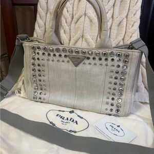 Prada Crystal Studded Vintage Canapa Denim Tote Bag with Card, Dust bag, and COA